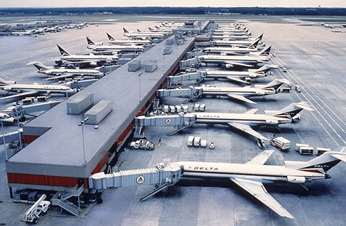 Delta aircraft at gates, ATL, c1982