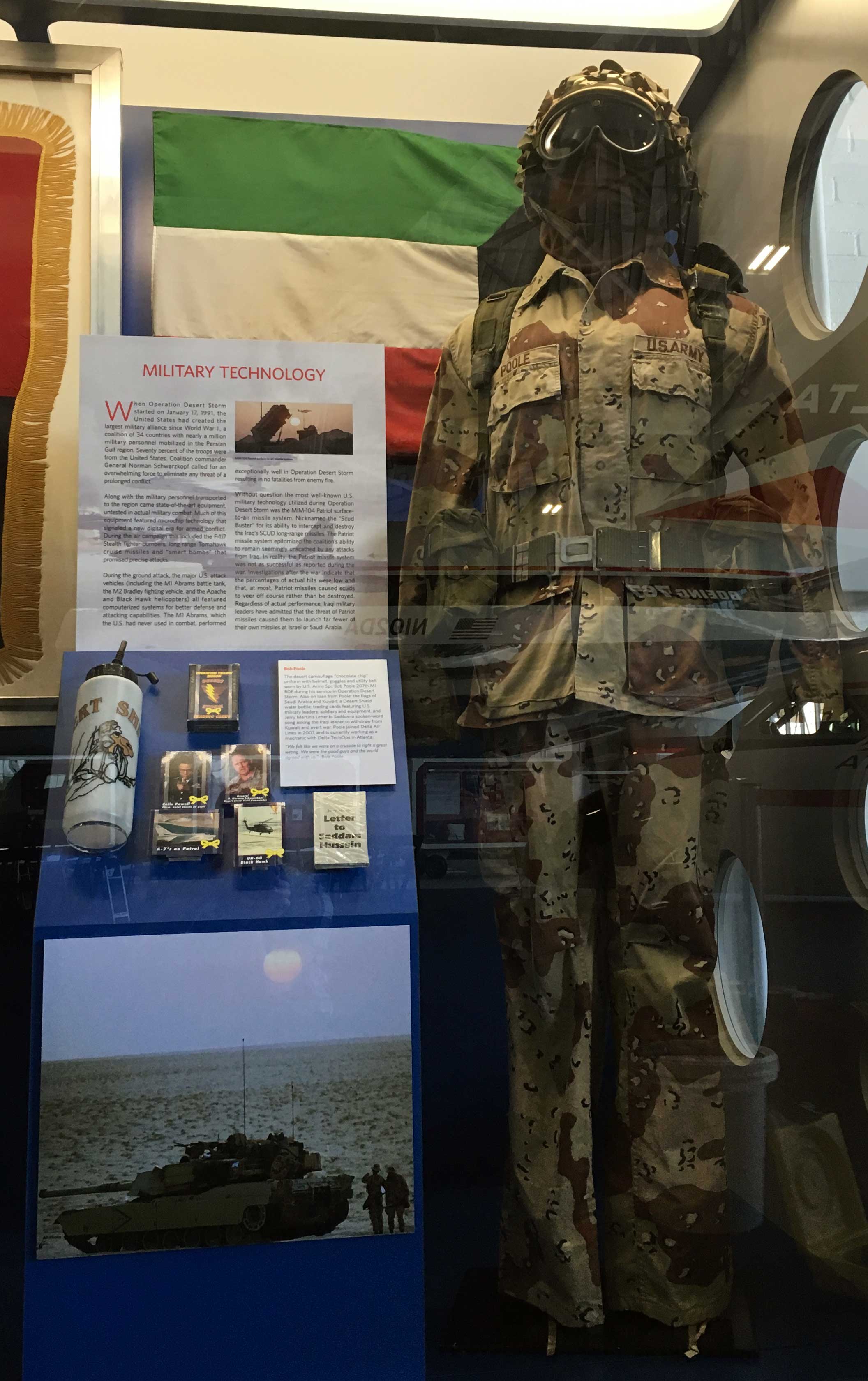 Image of Persian Gulf War Exhibit at the Delta Flight Museum showing chocolate chip desert camo uniform
