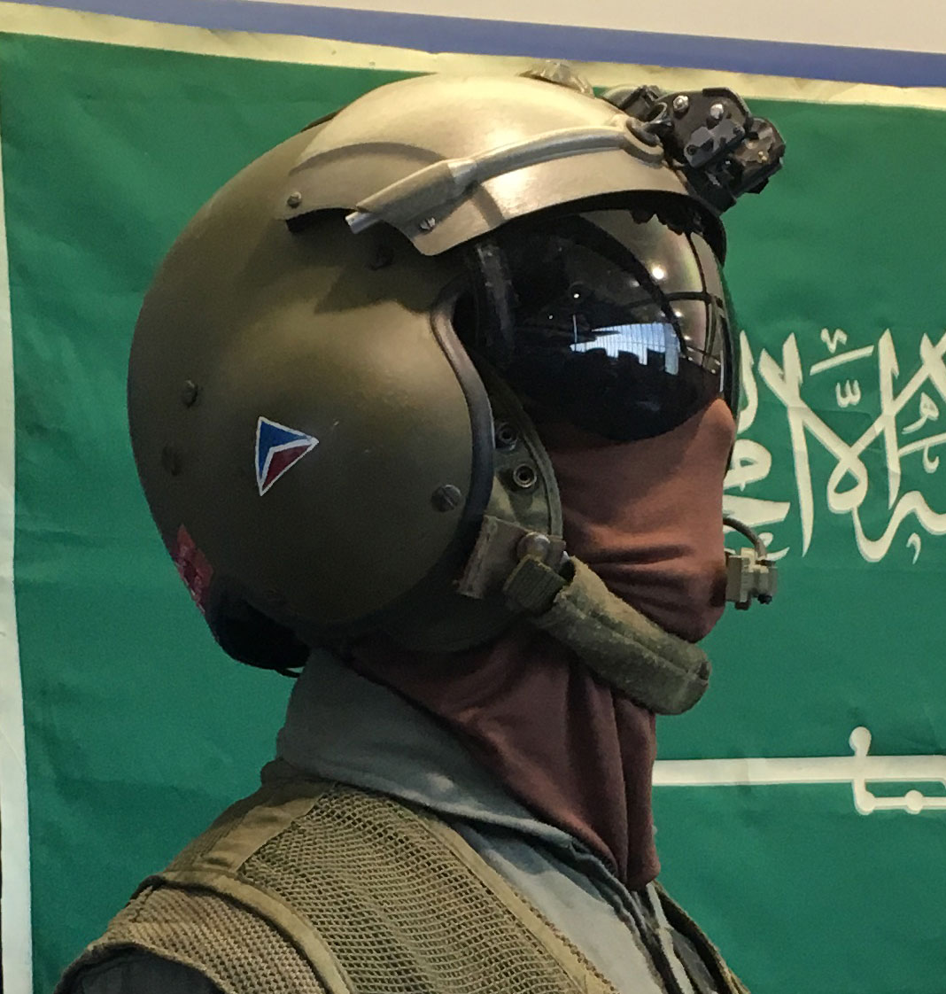 Image of Persian Gulf War Exhibit at the Delta Flight Museum showing flight helmet with Delta widget