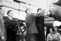 C.E. &amp; Mrs. Woolman christening DC-8 jet 1959