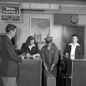Delta ticket counter, Atlanta airport, 1940s